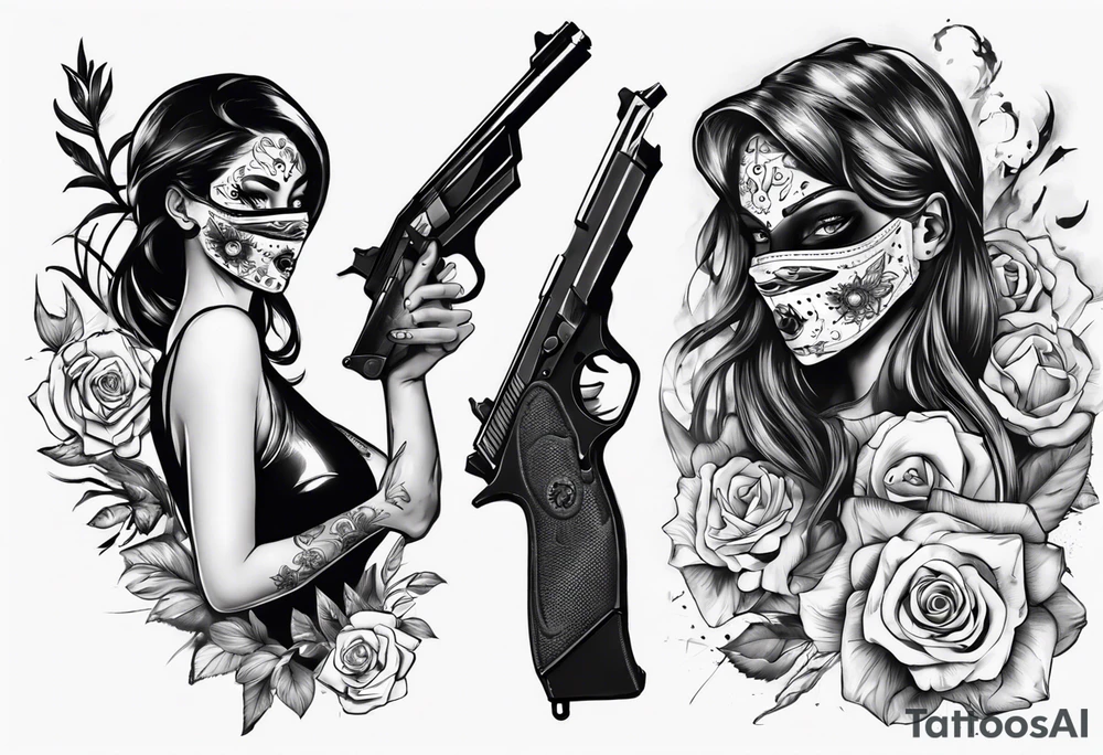 The girl’s face is covered with a mask, next to her is a hand with a pistol.  Sexy gun tattoo idea