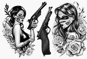The girl’s face is covered with a mask, next to her is a hand with a pistol.  Sexy gun tattoo idea