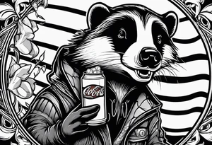 Angry badger with mouth open with soda can and chips in hands tattoo idea