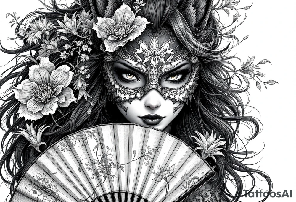 japanese samurai woman wearing a kitsune half-mask and  holding a fan with irises flowers tattoo idea