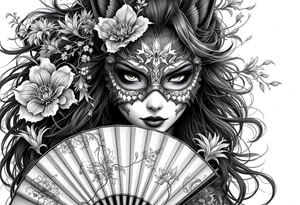 japanese samurai woman wearing a kitsune half-mask and  holding a fan with irises flowers tattoo idea