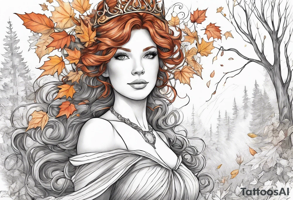 A auburn haired fairy in the middle of a forest during the peak of autumn, twirling in a whirlwind of autumn leaves. The fairy's hair is auburn with copper colors and a crown of gold, orange, and red leaves adorning her head. tattoo idea