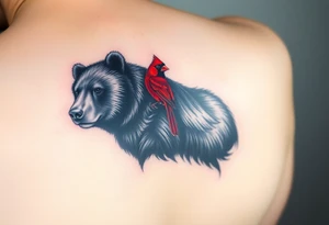 Realistic bright red cardinal perched on the shoulder of a realistic black bear.
Forearm tattoo tattoo idea