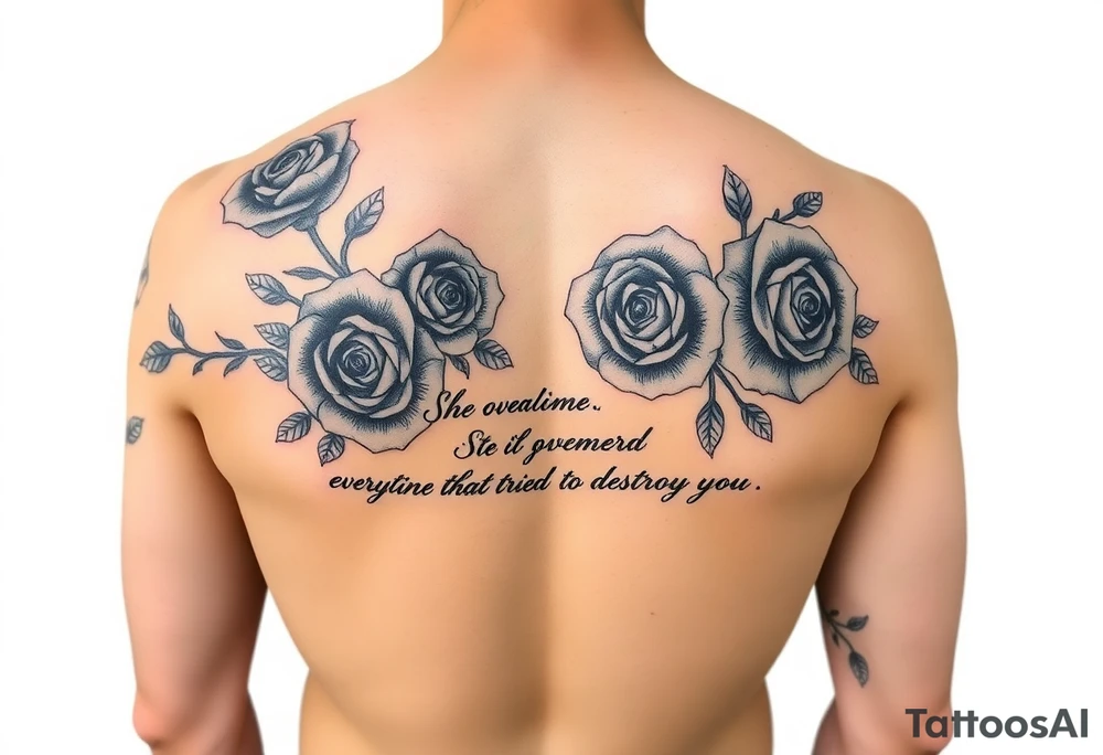 Full arm sleeve of blue roses with the quote “ She overcame everything that tried to destroy her “ tattoo idea