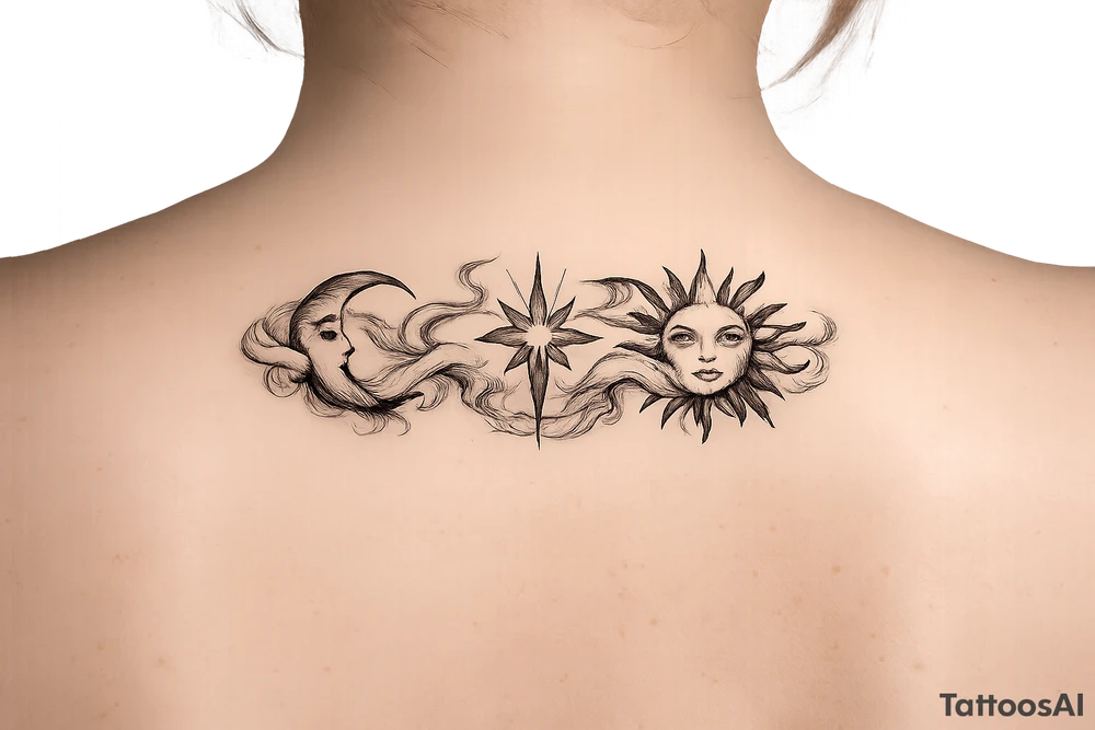 Moon, Sun, and Rising Star in the same red stencil aesthetic, with the smoke weaving through and overlapping each celestial symbol so they feel like a cohesive set for sternum placement. The Rising Star specifically incorporates the same flowing ribbon effect you liked in the Moon and Sun references. tattoo idea
