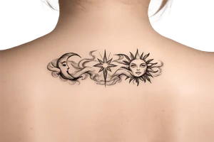 Moon, Sun, and Rising Star in the same red stencil aesthetic, with the smoke weaving through and overlapping each celestial symbol so they feel like a cohesive set for sternum placement. The Rising Star specifically incorporates the same flowing ribbon effect you liked in the Moon and Sun references. tattoo idea