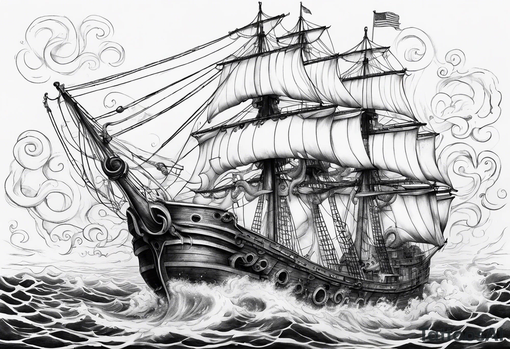 Realistic octopus breaking ship tattoo idea