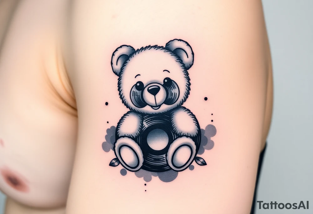 minimalist teddy bear with vinyl records as eyes smiling and sitting on a record tattoo idea