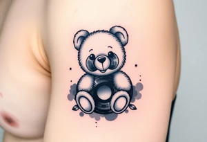 minimalist teddy bear with vinyl records as eyes smiling and sitting on a record tattoo idea