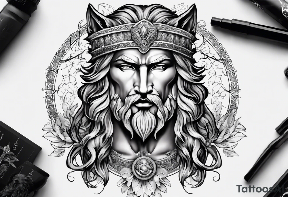 greek god zeus, full sleeve, attractive female face with wolf headress, chemical formula for protein, wolf tattoo idea