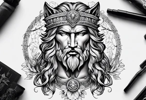 greek god zeus, full sleeve, attractive female face with wolf headress, chemical formula for protein, wolf tattoo idea