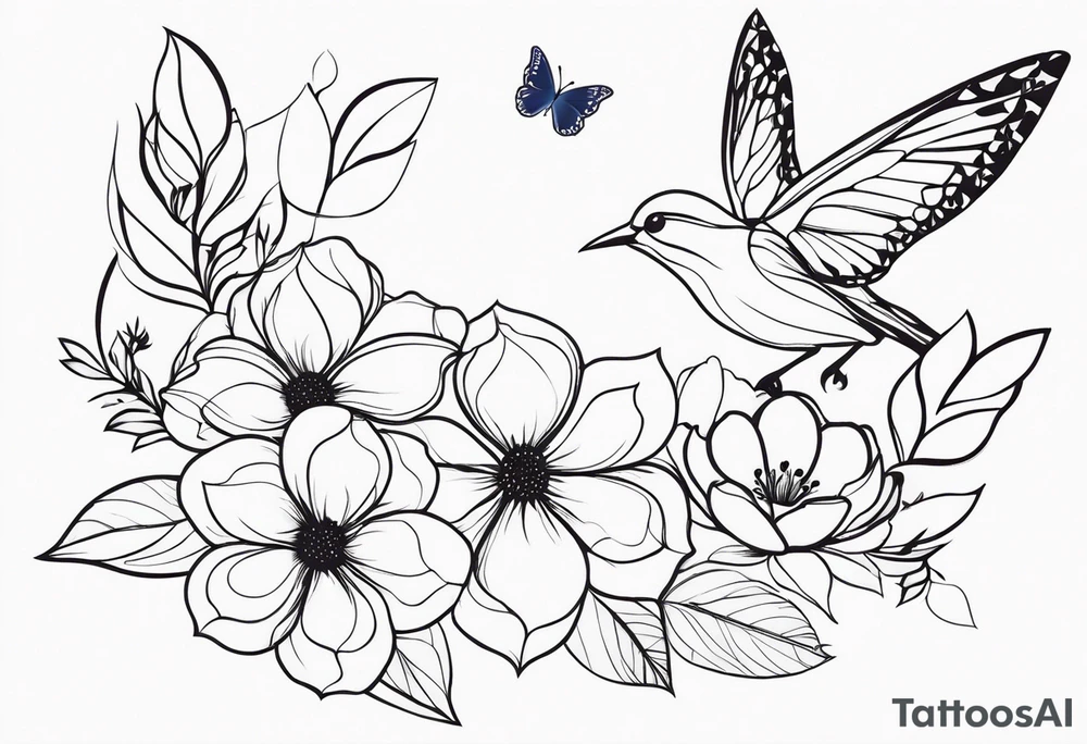 Flowers butterfly blue bird tattoo idea