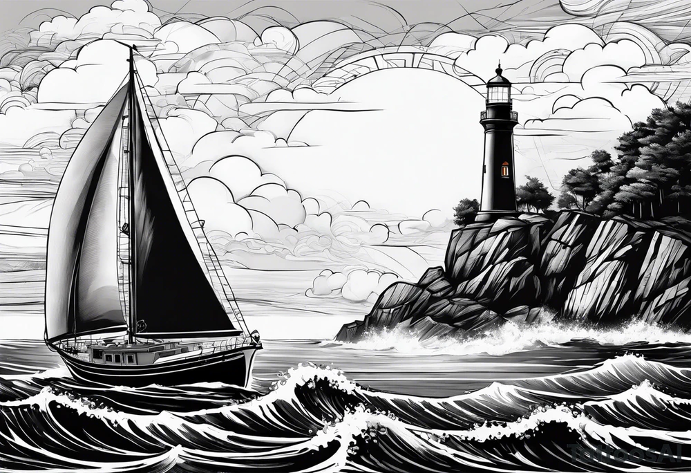 phare maritime dans un bateau a voiles vu du devant. tattoo idea