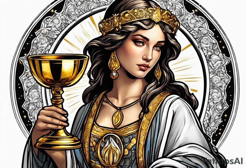 woman saint holding chalice surrounded by golden halo sideways tattoo idea