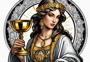 woman saint holding chalice surrounded by golden halo sideways tattoo idea
