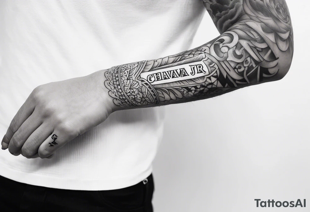 Left arm sleeve with the text “Chava JR” tattoo idea