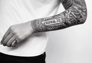 Left arm sleeve with the text “Chava JR” tattoo idea