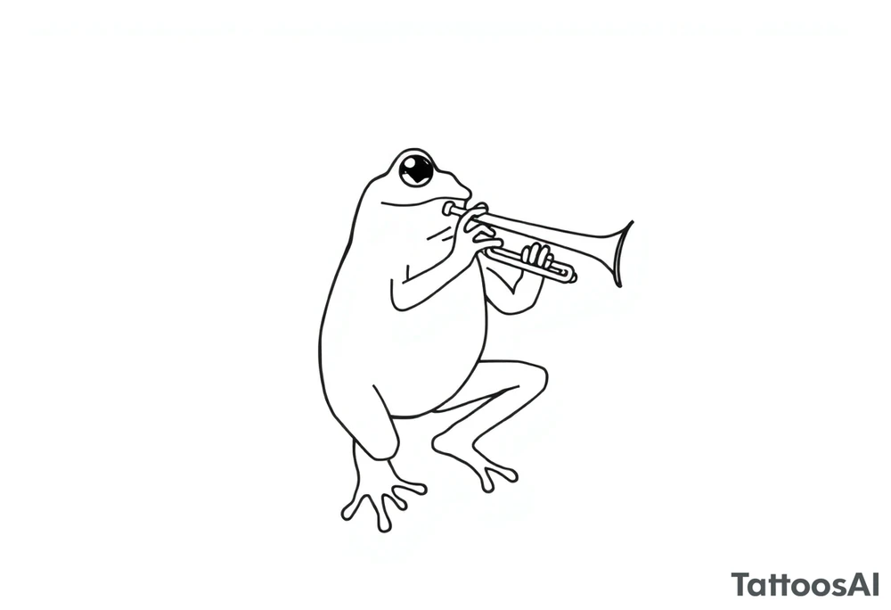 Draw a single continuous line drawing of a frog playing a trumpet, where the entire image is created using only one unbroken black line, with no lifting of the pen and no separate lines. The line must flow smoothly and clearly form the frog and trumpet , minimalist style. The frog should be , in a jazzy or playful pose, holding and playing the trumpet. No shading, no extra strokes, no background — just one elegant, fluid, uninterrupted line on a white canvas. tattoo idea