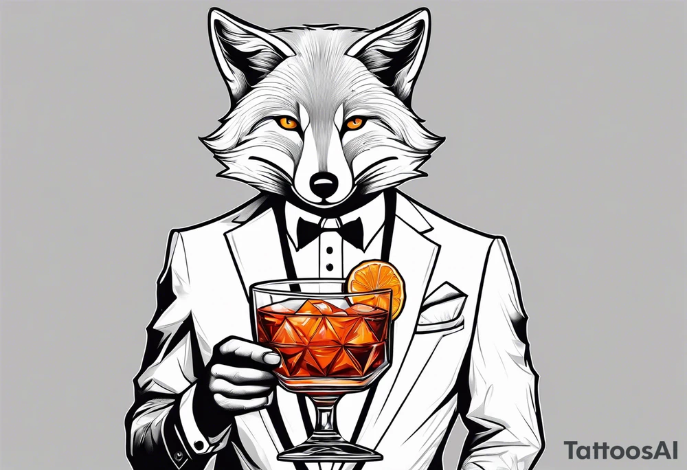 Adult male silver fox holding a Negroni in a lowball crystal glass with an orange peel looking forward tattoo idea