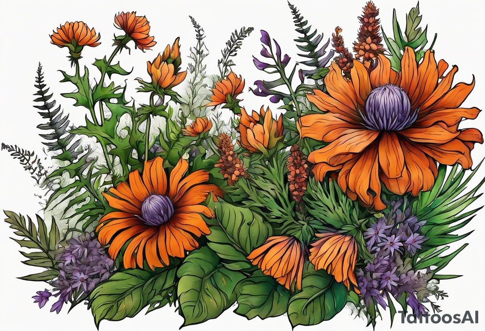 cascading wildflowers with thistles, ferns, burnt orange flowers all in color tattoo idea