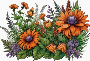 cascading wildflowers with thistles, ferns, burnt orange flowers all in color tattoo idea