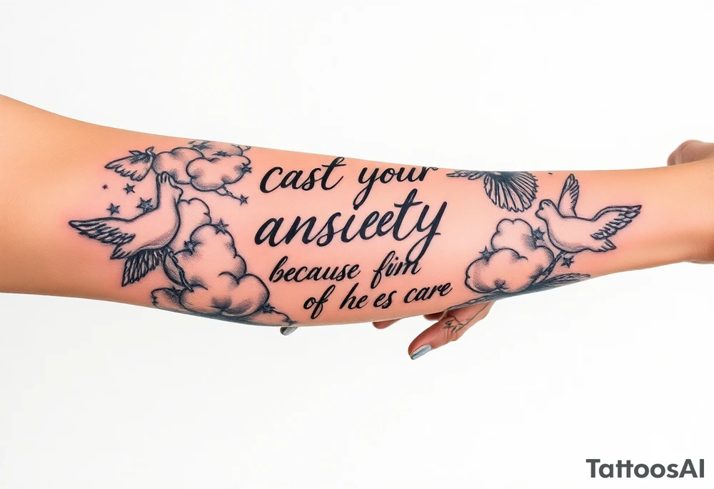 cast all your anxiety on him because he cares for you"  surrounded with clouds and angels and praying hands tattoo idea