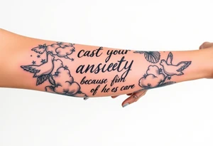 cast all your anxiety on him because he cares for you"  surrounded with clouds and angels and praying hands tattoo idea