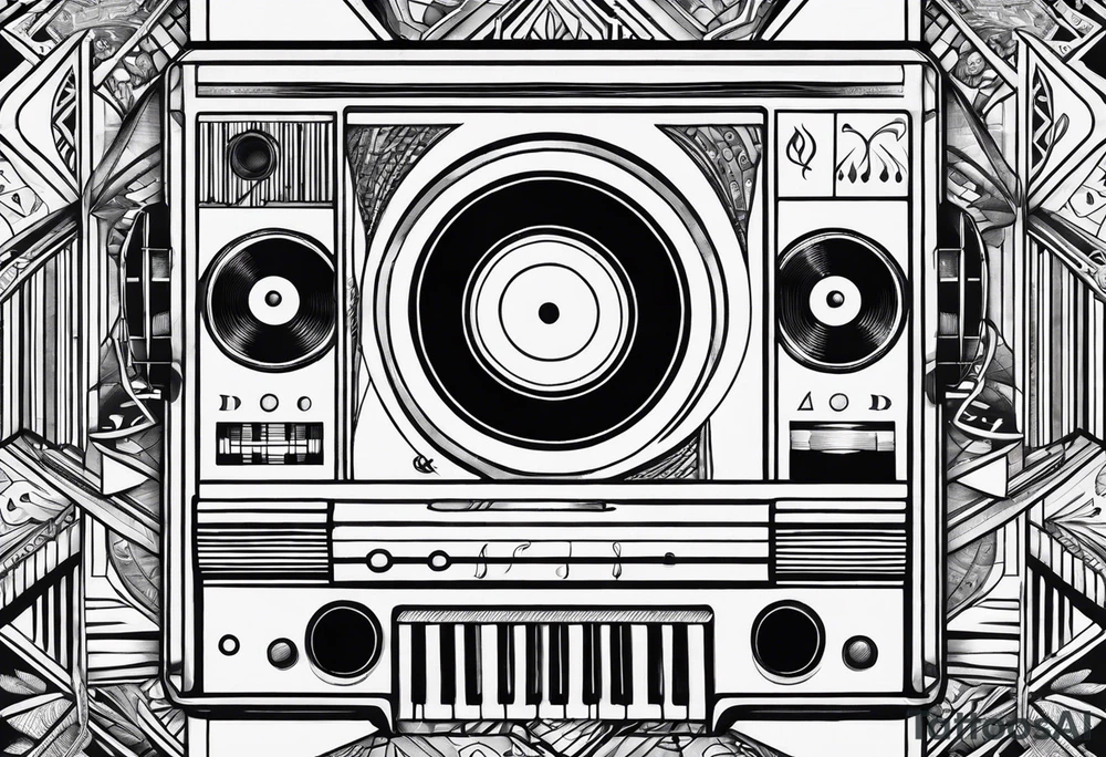 geometric tattoo with music notes, a cassette tape, and abstract instruments tattoo idea