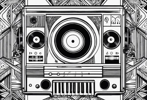 geometric tattoo with music notes, a cassette tape, and abstract instruments tattoo idea
