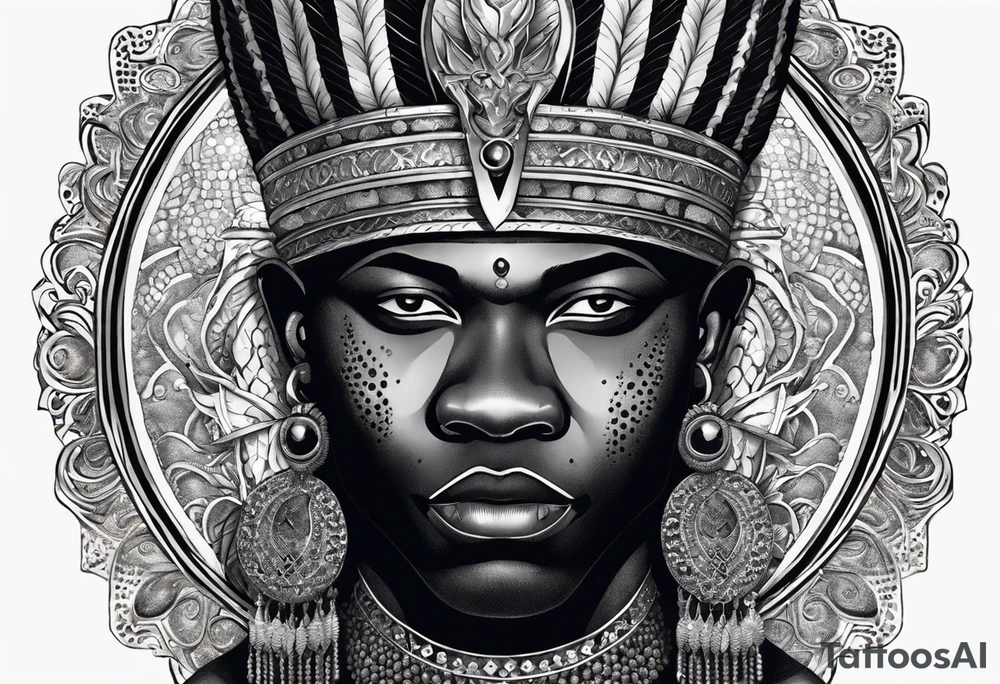 An african god, a bald black-skinned warrior, that uses a sword and a silver crown. He also uses blue and red necklaces tattoo idea