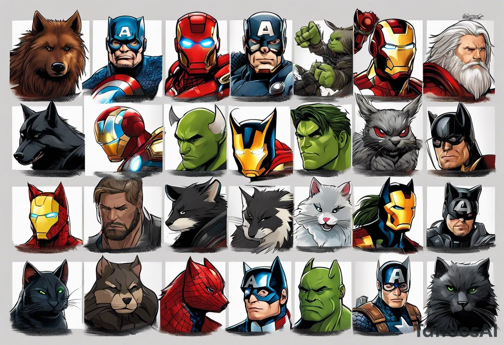 I want to change Avengers Team characters with animals. Hulk will be Badger, Thor will be Alpha Grey Wolf, Captain America will be Bull, Iron Man will be Canary, Black Widow will be Axolotl, Hawk Eye will be Sudan Plated Lizard and Nick Fury will be Cat. tattoo idea