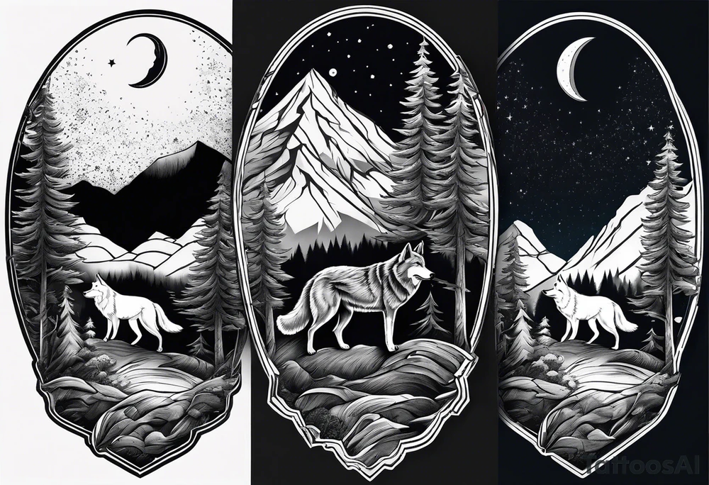 Mountain peaks
Two wolves
Moon
Dark woods
Trail tattoo idea