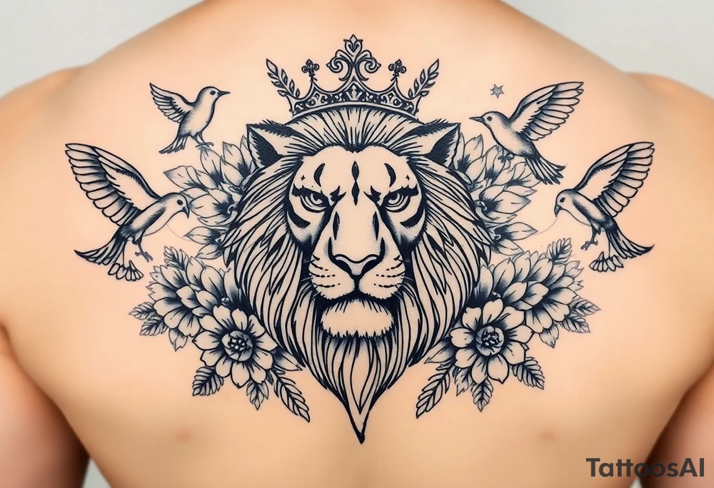 powerful majestic lion with a crown, surrounded by floral ornaments and birds tattoo idea