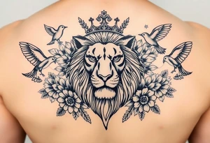 powerful majestic lion with a crown, surrounded by floral ornaments and birds tattoo idea