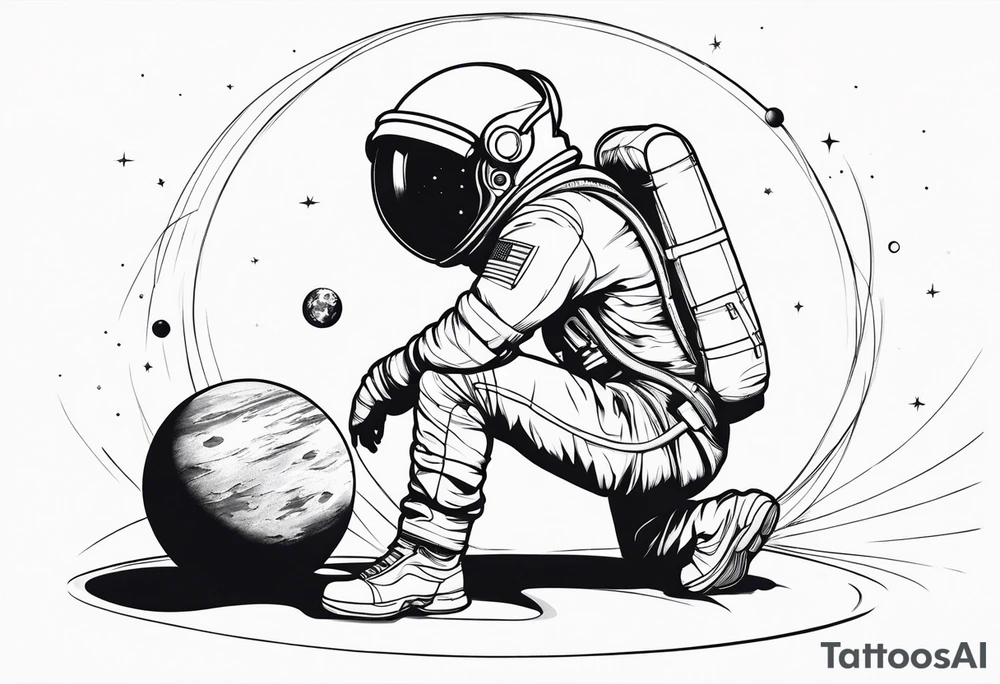 an astronaut hunched over in space from the back holding a planet tattoo idea