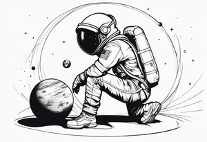an astronaut hunched over in space from the back holding a planet tattoo idea