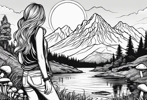 Straight long blonde hair hippie girl in distance holding mushrooms in hand facing away toward mountains and creek surrounded by mushrooms tee shirt and hiking pants

Entire tattoo encircled tattoo idea