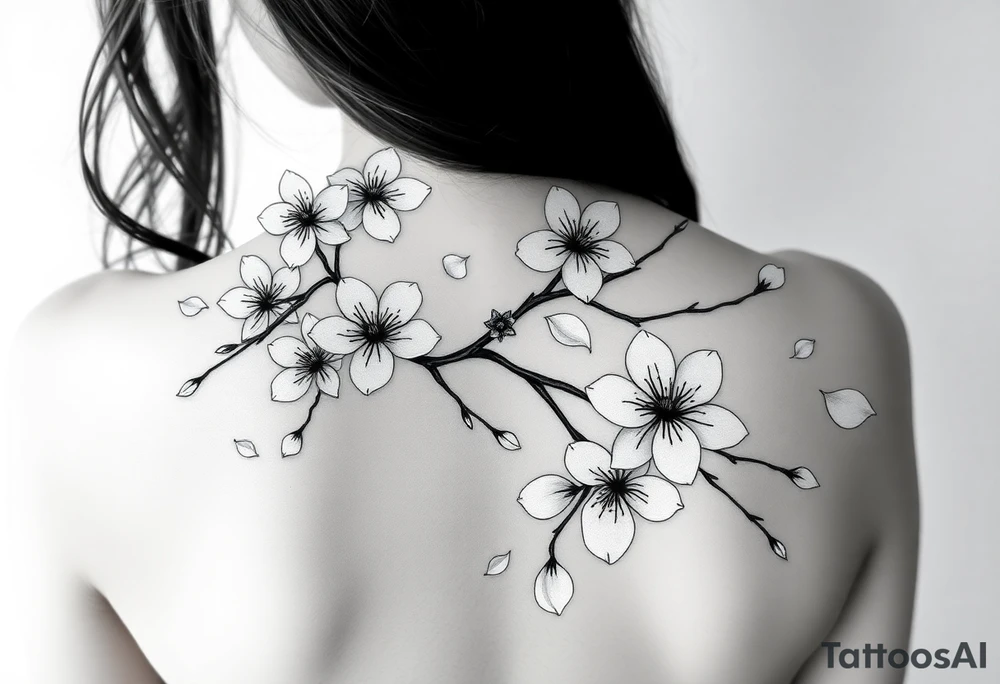 delicate cherry blossoms swirling in spring breeze with petals tattoo idea