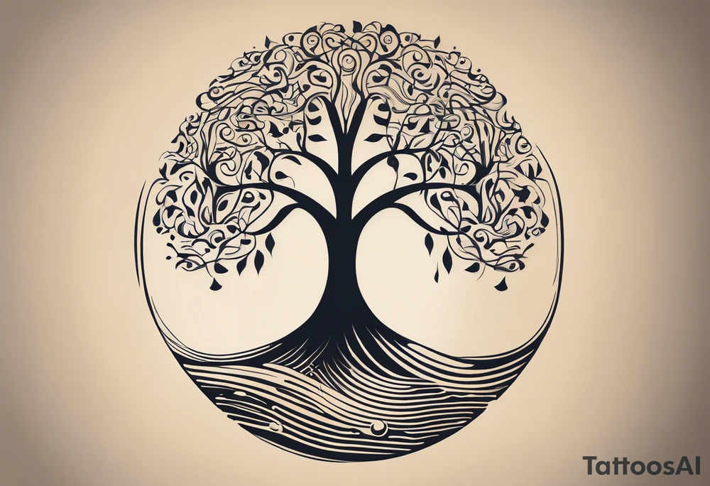 A tattoo design that incorporates the following elements: an abstract tree of life that has roots emerging  from the ground. Waves of water wrap around the tree in a non symmetrical design.  Incorporate musical notes into the tree. the letters U and A are overlapping and engraved into the tree. incorporate a golf ball or golf course symbols like a flag but not prominent. tattoo idea