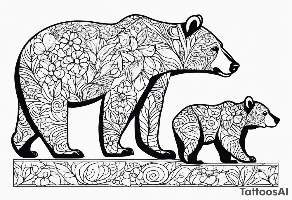 Outline drawing of the profile of a mama bear followed by three cubs in a line. The four bears are connected together with a delicate floral pattern. tattoo idea