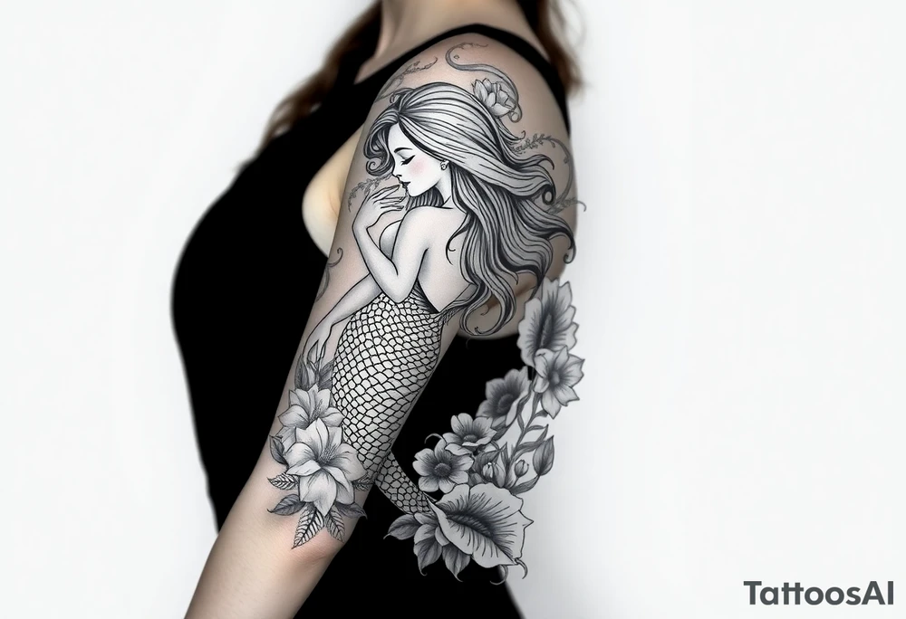 ethereal mermaid with flowing hair among coral and sea flowers tattoo idea