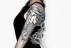 ethereal mermaid with flowing hair among coral and sea flowers tattoo idea
