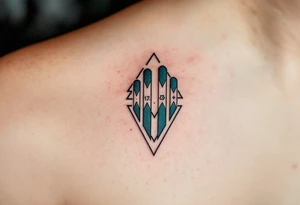 Geometric 19.07.2005 in dark teal ink, with triangles and lines subtly framing the digits. tattoo idea