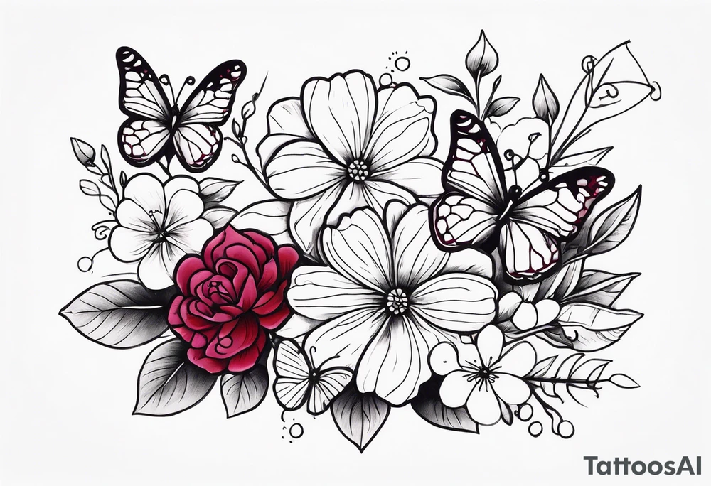 Flowers with Ruby and butterflies around it tattoo idea Flowers with Ruby and butterflies around it tattoo idea