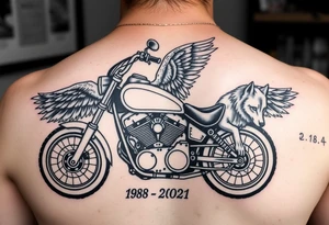 the year 1958 - 2021 with a motorcycle on it with guardian angel wolves tattoo idea