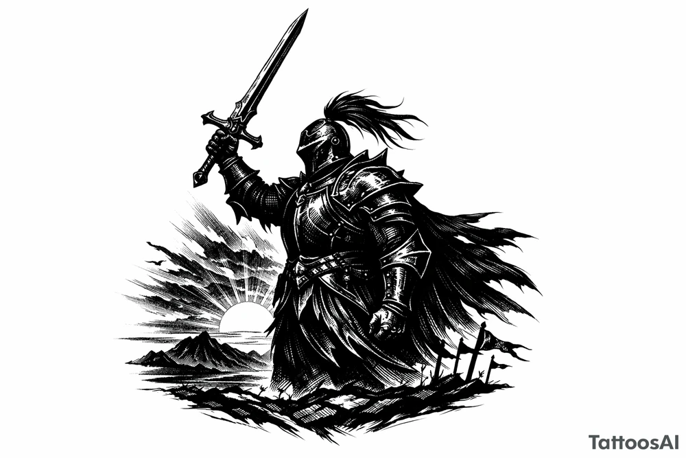 Silhouette of a knight in ornate armor, sword raised, against a fiery sunset. tattoo idea
