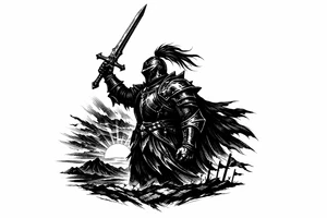 Silhouette of a knight in ornate armor, sword raised, against a fiery sunset. tattoo idea