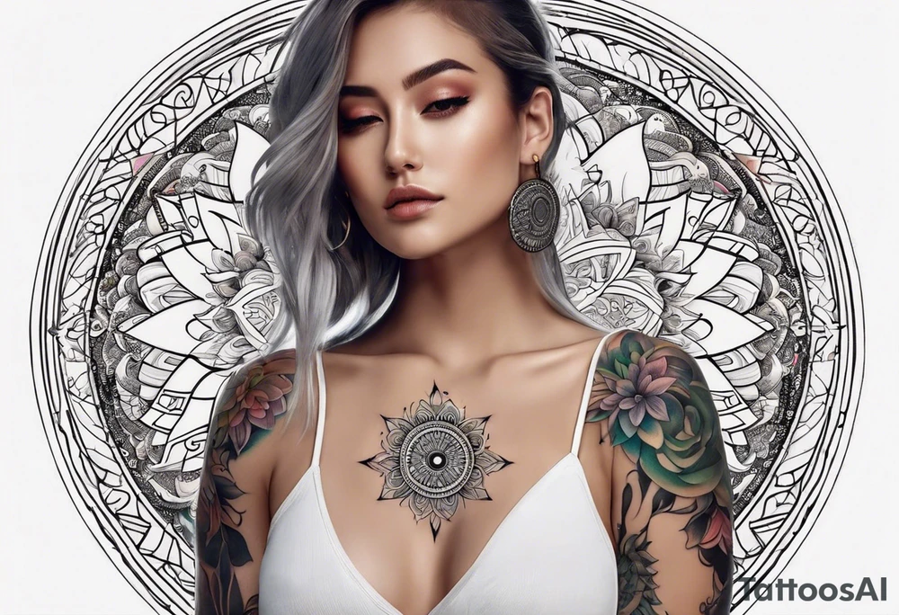 Mandala tattoo that incorporates yin and yang and music tattoo idea