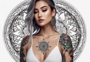 Mandala tattoo that incorporates yin and yang and music tattoo idea