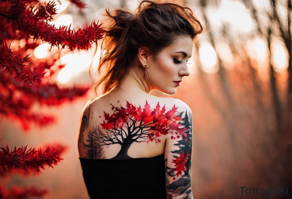 trash polka style. Arm tattoo. Long tattoo. Full sleeve. Shoulder. A single large maple tree with red autumn leaves that branches upwards from wrist to shoulder. White-throated dipper bird on the trees branches. Calluna flowers at the base of the trees stem. Tree stem has dark colors. Red/yellow sunset behind the trees stem. Leaves falling. tattoo idea